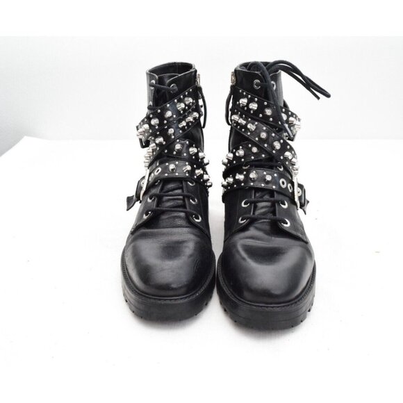 ZARA Leather Biker Moto Buckle Boots Black Size 40 Studded Lace Up 9 - Picture 2 of 7